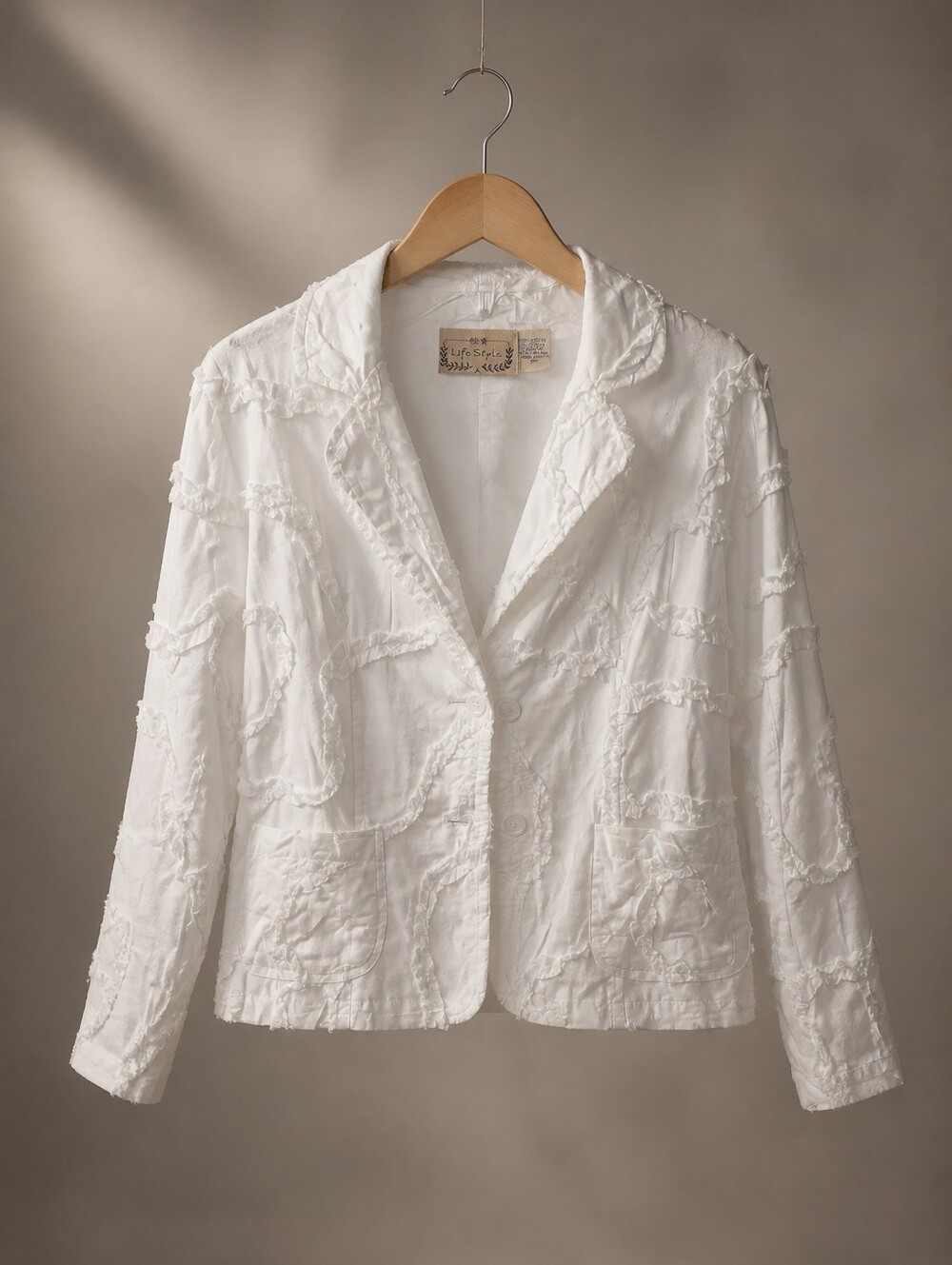 Life Style Women's White 100% Cotton Textured Ruffle Blazer Jacket